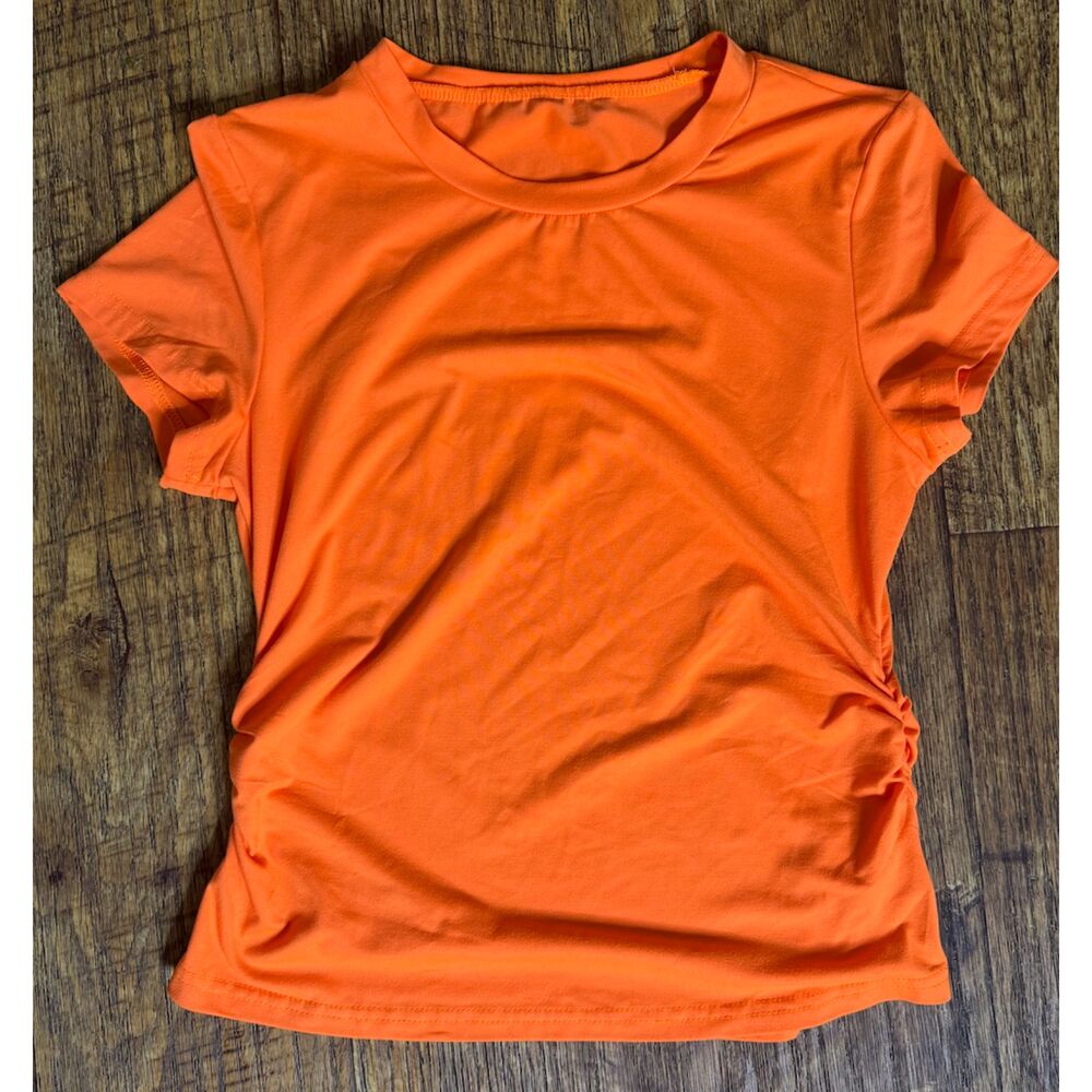 Neon Orange Performance Top Women's Short Sleeve Stretch Ruched Sides